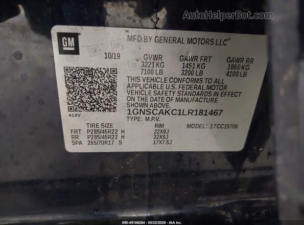 1GNSCAKC1LR181467 2020 CHEVROLET TAHOE Blue Vista del compartimento del motor