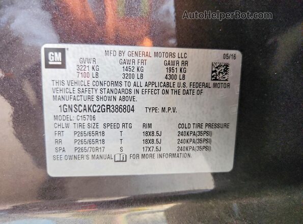 1GNSCAKC2GR386804 2016 CHEVROLET TAHOE Gray Vista de la etiqueta del VIN