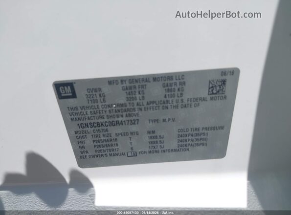 1GNSCBKC0GR417327 2016 CHEVROLET TAHOE White Engine compartment view