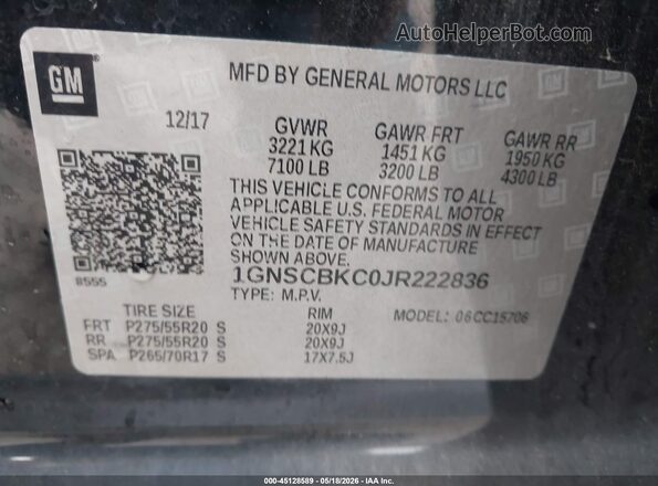 1GNSCBKC0JR222836 2018 CHEVROLET TAHOE Черный 