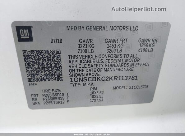 1GNSCBKC2KR113781 2019 CHEVROLET TAHOE White 