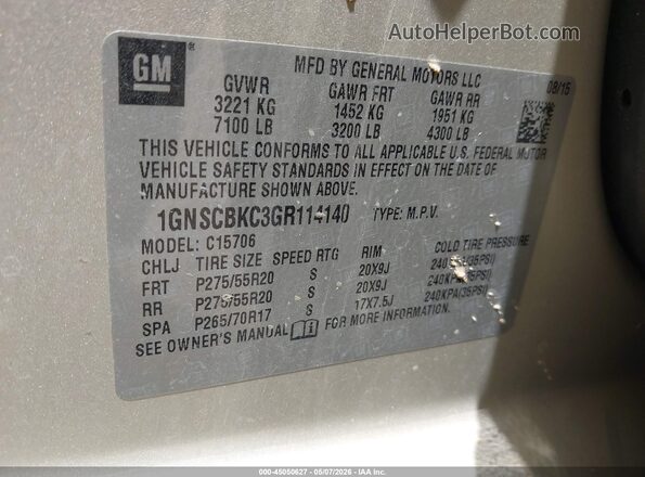 1GNSCBKC3GR114140 2016 CHEVROLET TAHOE Cream Engine compartment view