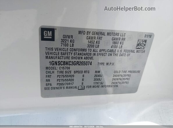 1GNSCBKC3GR265074 2016 CHEVROLET TAHOE White Շարժիչի բաժամունքի տեսք