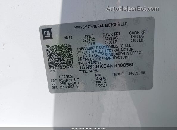 1GNSCBKC4KR408560 2019 CHEVROLET TAHOE White Շարժիչի բաժամունքի տեսք