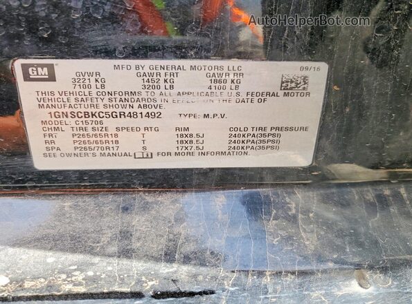 1GNSCBKC5GR481492 2016 CHEVROLET TAHOE Black 