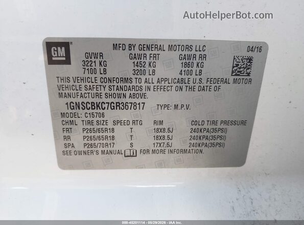 1GNSCBKC7GR367817 2016 CHEVROLET TAHOE Белый Вид подкапотного пространства