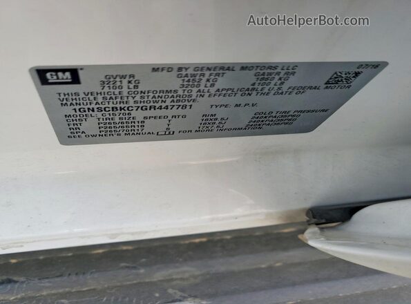 1GNSCBKC7GR447781 2016 CHEVROLET TAHOE Белый Вид наклейки с VIN-кодом