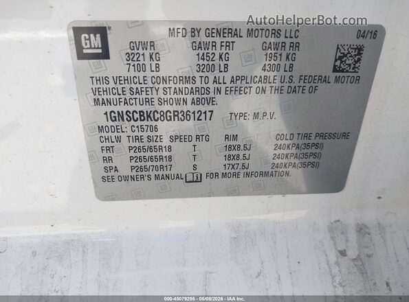 1GNSCBKC8GR361217 2016 CHEVROLET TAHOE White Շարժիչի բաժամունքի տեսք