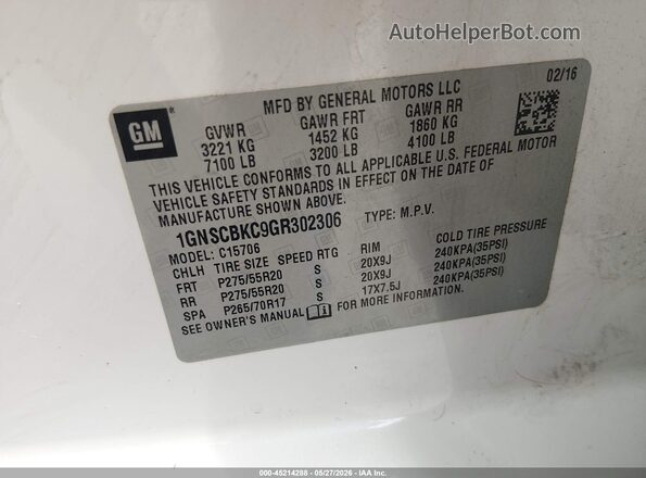 1GNSCBKC9GR302306 2016 CHEVROLET TAHOE White Vista del compartimento del motor