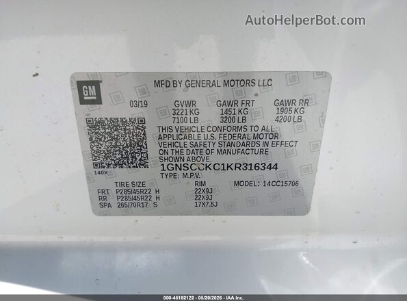 1GNSCCKC1KR316344 2019 CHEVROLET TAHOE White 