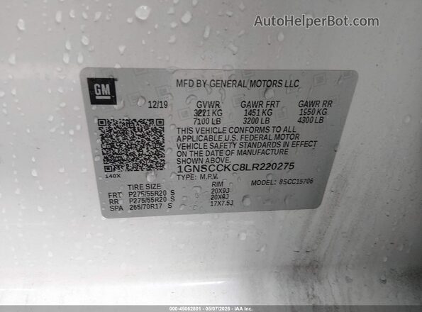 1GNSCCKC8LR220275 2020 CHEVROLET TAHOE White Vista del compartimento del motor