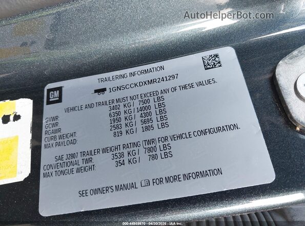 1GNSCCKDXMR241297 2021 CHEVROLET SUBURBAN Pewter ძრავის განყოფილების ხედი