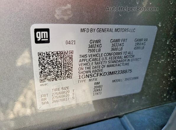 1GNSCFKD3MR338875 2021 CHEVROLET SUBURBAN Gray Widok naklejki z numerem VIN