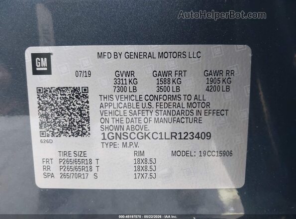 1GNSCGKC1LR123409 2020 CHEVROLET SUBURBAN Черный Вид подкапотного пространства