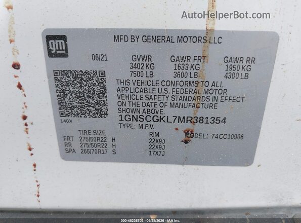 1GNSCGKL7MR381354 2021 CHEVROLET SUBURBAN White Vista del compartimento del motor