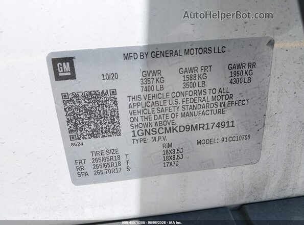 1GNSCMKD9MR174911 2021 CHEVROLET TAHOE White 