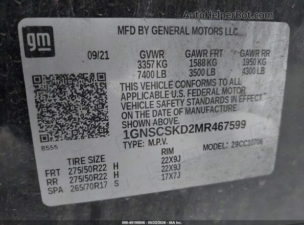 1GNSCSKD2MR467599 2021 CHEVROLET TAHOE Black Вид підкапотного простору