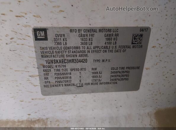 1GNSKAEC3HR304420 2017 CHEVROLET TAHOE White ძრავის განყოფილების ხედი