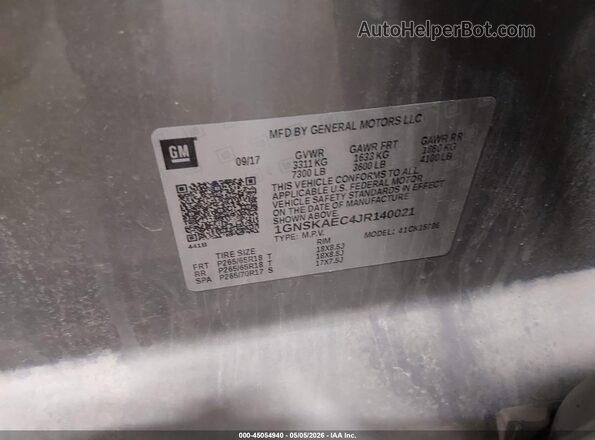 1GNSKAEC4JR140021 2018 CHEVROLET TAHOE Gray ძრავის განყოფილების ხედი