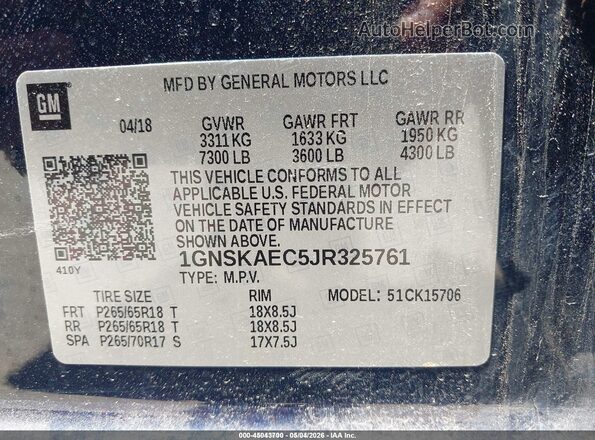 1GNSKAEC5JR325761 2018 CHEVROLET TAHOE Dark Blue Vista del compartimento del motor