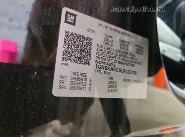 1GNSKAEC6LR122798 2020 CHEVROLET TAHOE Black VIN კოდის სტიკერის ხედი