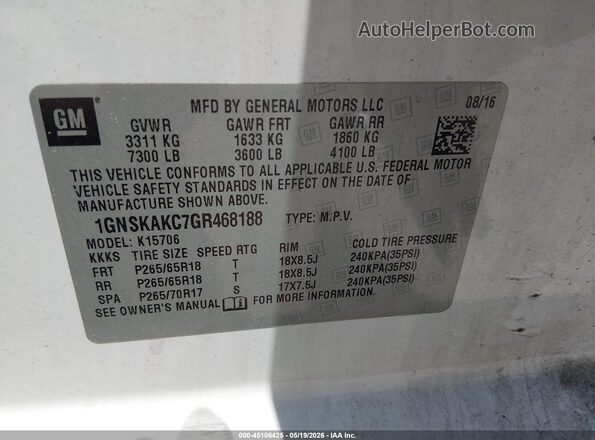 1GNSKAKC7GR468188 2016 CHEVROLET TAHOE White Widok komory silnika