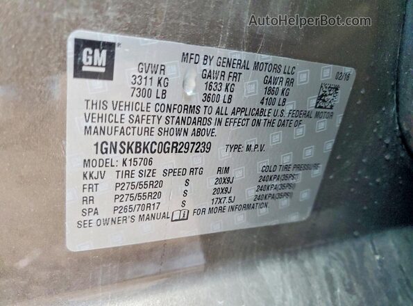1GNSKBKC0GR297239 2016 CHEVROLET TAHOE Tan Widok naklejki z numerem VIN
