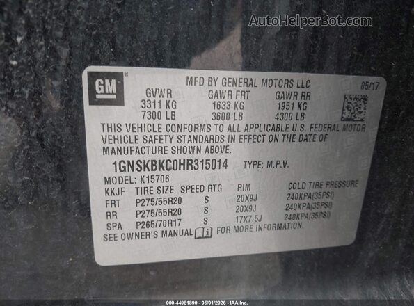 1GNSKBKC0HR315014 2017 CHEVROLET TAHOE Black Вид підкапотного простору