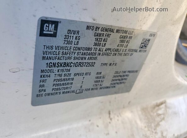 1GNSKBKC1GR372532 2016 CHEVROLET TAHOE White 