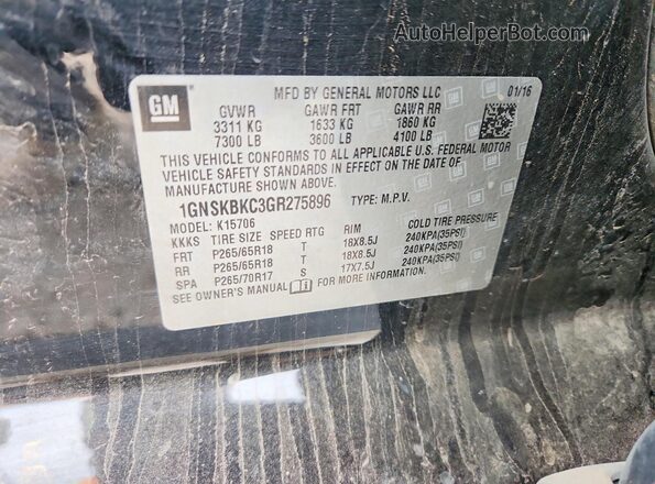 1GNSKBKC3GR275896 2016 CHEVROLET TAHOE Black Widok naklejki z numerem VIN