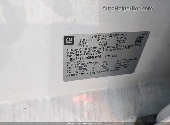 1GNSKBKC3GR414960 2016 CHEVROLET TAHOE White Widok komory silnika