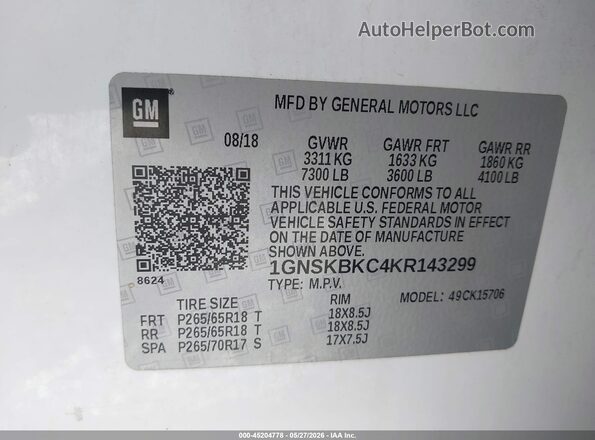 1GNSKBKC4KR143299 2019 CHEVROLET TAHOE White Вид підкапотного простору