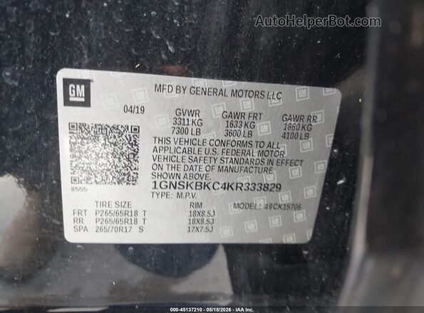 1GNSKBKC4KR333829 2019 CHEVROLET TAHOE Black Widok komory silnika