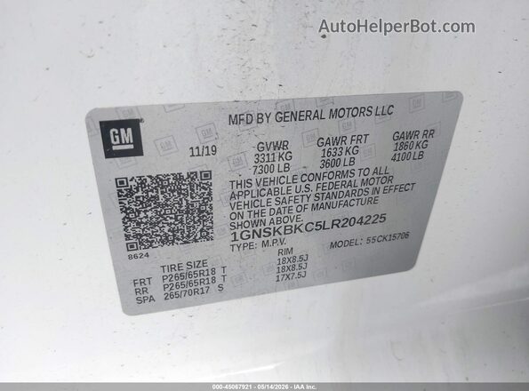 1GNSKBKC5LR204225 2020 CHEVROLET TAHOE White 