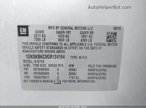 1GNSKBKC8GR124164 2016 CHEVROLET TAHOE Silver Widok komory silnika