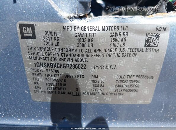 1GNSKBKC8GR286022 2016 CHEVROLET TAHOE Light Blue Engine compartment view