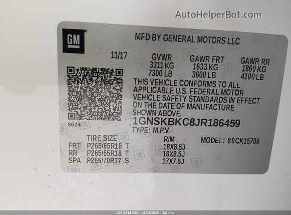 1GNSKBKC8JR186459 2018 CHEVROLET TAHOE Белый Вид подкапотного пространства