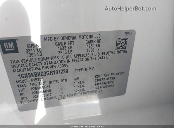1GNSKBKC9GR181229 2016 CHEVROLET TAHOE White ძრავის განყოფილების ხედი