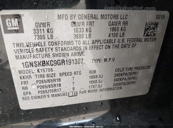 1GNSKBKC9GR191307 2016 CHEVROLET TAHOE Black Вид підкапотного простору