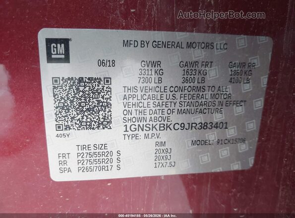 1GNSKBKC9JR383401 2018 CHEVROLET TAHOE Red Вид підкапотного простору