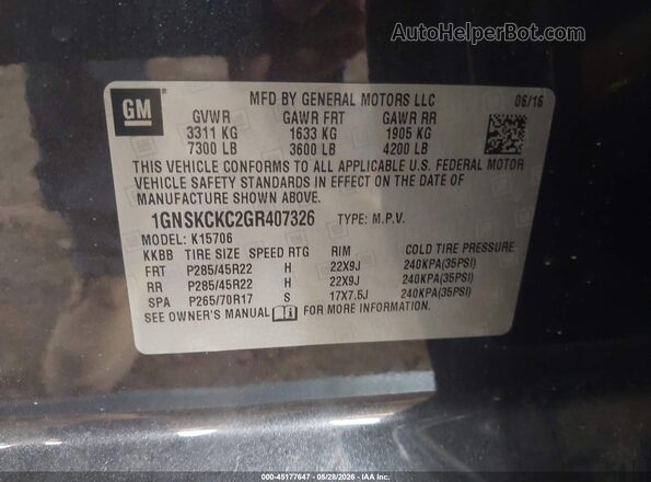 1GNSKCKC2GR407326 2016 CHEVROLET TAHOE Black Вид підкапотного простору