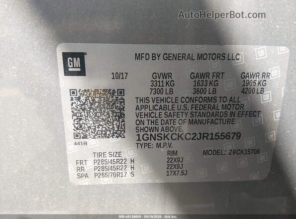 1GNSKCKC2JR155679 2018 CHEVROLET TAHOE Beige Вид підкапотного простору