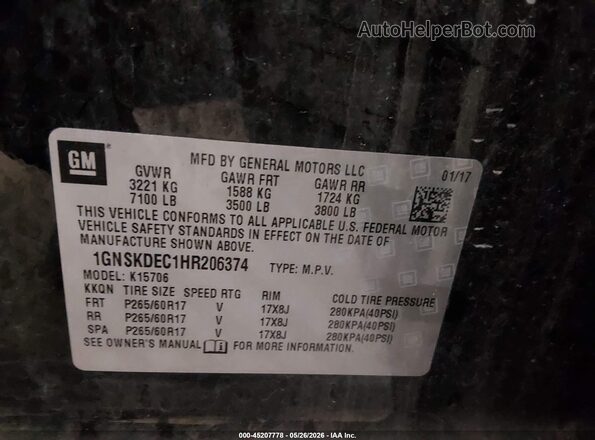 1GNSKDEC1HR206374 2017 CHEVROLET TAHOE Black Widok komory silnika