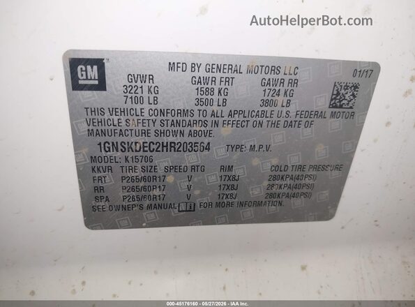 1GNSKDEC2HR203564 2017 CHEVROLET TAHOE White Շարժիչի բաժամունքի տեսք