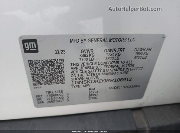 1GNSKDKD9RR106912 2024 CHEVROLET SUBURBAN White Engine compartment view