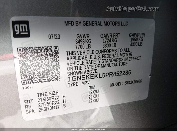 1GNSKEKL5PR452286 2023 CHEVROLET SUBURBAN Gray 