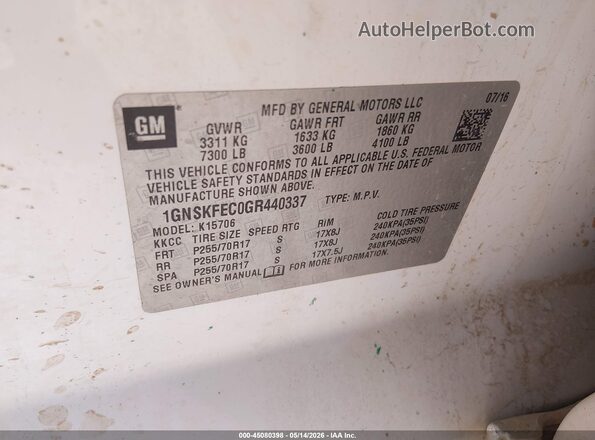 1GNSKFEC0GR440337 2016 CHEVROLET TAHOE White Engine compartment view