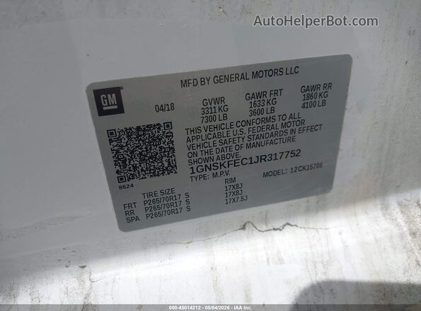1GNSKFEC1JR317752 2018 CHEVROLET TAHOE White Widok komory silnika