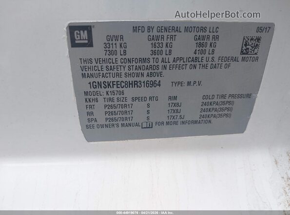1GNSKFEC8HR316964 2017 CHEVROLET TAHOE White 