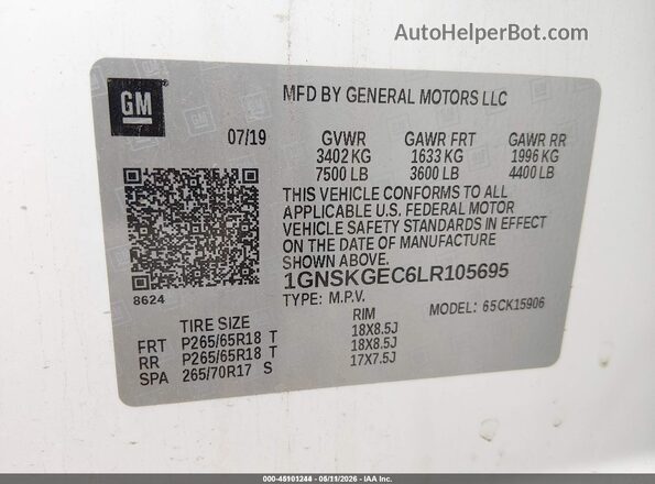 1GNSKGEC6LR105695 2020 CHEVROLET SUBURBAN White 